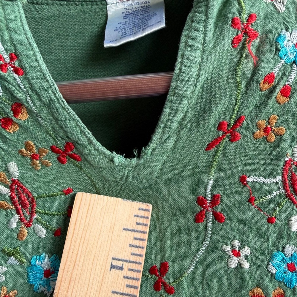 Kelly Green Embroidered Floral Boho Peasant Tunic Top Sz Large Oversized Poncho - Picture 4 of 9